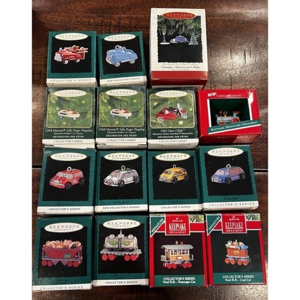 15 Mini Hallmark Keepsake Ornaments‎ Trains/Cars/Harley/Fire Truck